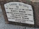 
Edith HORNE
22 May 1953, aged 50
Lorimer E HORNE
29 Sep 1971, aged 70
Stone Quarry Cemetery, Jeebropilly, Ipswich
