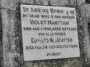 
Violet MANTTAN
1 Aug 1958, aged 65
Edward W MANTTAN
24 Feb 1973, aged 82
Stone Quarry Cemetery, Jeebropilly, Ipswich
