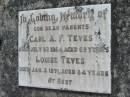 
Carl A F TEVES
22 Jul 1954, aged 69
Louise TEVES
3 Jan 1971, aged 84
Stone Quarry Cemetery, Jeebropilly, Ipswich
