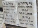 
Charles F H PROFKE
28 Jun 1962, aged 69
Hilda Wilhelmine PROFKE
3 Sep 1990, aged 98
(our dear sister) Mary
b: 15 Apr 1932, d: 16 Apr 1932
Stone Quarry Cemetery, Jeebropilly, Ipswich
