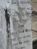
Caroline Wilhelmine WELK
11 Oct 1918, aged 74
Adam John WELK
16 Jul 1923, aged 95
Stone Quarry Cemetery, Jeebropilly, Ipswich
