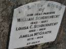 
William  SCHONKNECHT
1843 - 1897
Louisa C SCHONKNECHT
1852 - 1929
Amelia McGRATH
1875 - 1956
Stone Quarry Cemetery, Jeebropilly, Ipswich
