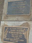 
Victor Frederick SCHOENKNECHT
23 May 1994, aged 82
Daisy Martha SCHOENKNECHT
27 Apr 2003, aged 90 
Stone Quarry Cemetery, Jeebropilly, Ipswich
