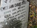 
Emily Ann Evans DUTNEY
b: 2 Oct 1838, d 27 Nov 1905
Charles DUTNEY
b: 21 May 1834, d: 14 Feb 1906
Stone Quarry Cemetery, Jeebropilly, Ipswich
