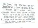 
Andrew John Nicol REA,
born 13 June 1892,
accidentally killed 28 March 1928
aged 35 years 9 months,
wife Elizabeth,
daughters Heather, Marjory, Joan & Dawn;
Swan Creek Anglican cemetery, Warwick Shire
