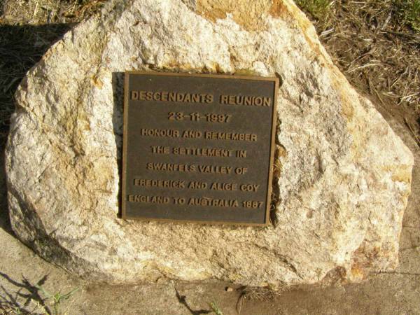 Frederick & Alice COY,  | England to Australia 1887,  | settlement in Swanfels Valley,  | descendants reunion 23-11-1997;  | Swanfels Pioneers Memorial Park, Warwick Shire  |   | 
