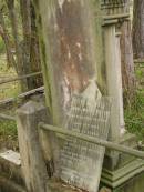
John Joseph DWYER,
died 9 June 1886 aged 43 years;
Annie & Edward,
died in infancy;
Edward St John DWYER,
died 19 March 1912 aged 31 years 11 months;
Maria DWYER,
born Co Meath Ireland 1844,
died 10 Aug 1926 aged 82 years;
Tallebudgera Catholic cemetery, City of Gold Coast
