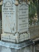 
Annie YORE
22 Nov 1914
aged 68

Dennis Joseph YORE
(son of Michael and Annie YORE)
4 Jul 1900
aged 27

Michael Yore
22 Sep 1912
aged 73

Andrew THOMAS
(husband of Lily YORE)
6 May 1916
aged 32

Tamborine Catholic Cemetery, Beaudesert

