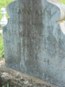 
Mary Ann
wife of Michael EGAN
23 Jan 1899
aged 38

Tamborine Catholic Cemetery, Beaudesert

