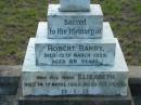 
Robert BARRY
15 Mar 1959
aged 88

wife Elizabeth (BARRY)
14 Apr 1959
aged 83

Tamborine Catholic Cemetery, Beaudesert

