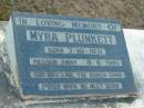 
Myra PLUNKETT
B: 7 Oct 1931
D: 8 Jun 1981

Tamborine Catholic Cemetery, Beaudesert

