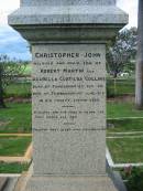 
Christopher John (beloved and only son of) Robert Martin and Arabella Clotilda COLLINS
b: Tamrookum 15 Sep 1881, d: Tamrookum 1 Jun 1919 in his 38th year
Tamrookum All Saints church cemetery, Beaudesert 
