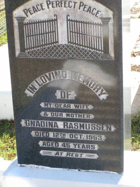 Gnadina RASMUSSEN, wife mother,  | died 12 Oct 1953 aged 45 years;  | Tarampa Apostolic cemetery, Esk Shire  | 