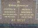 
Justina W BISCHOFF
12 Sep 1957 aged 60
Arthur E BISCHOFF
20 Oct 1982 aged 85
Tarampa Baptist Cemetery, Esk Shire
