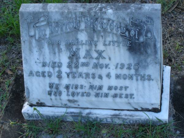Murdoch Maxwell (Max) GODWIN,  | died 22 Nov 1926 aged 2 years 4 months;  | Tea Gardens cemetery, Great Lakes, New South Wales  | 