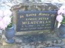 
Simon Peter MCLAUCHLAN,
6-1-1961 - 14-10-1995;
Tea Gardens cemetery, Great Lakes, New South Wales
