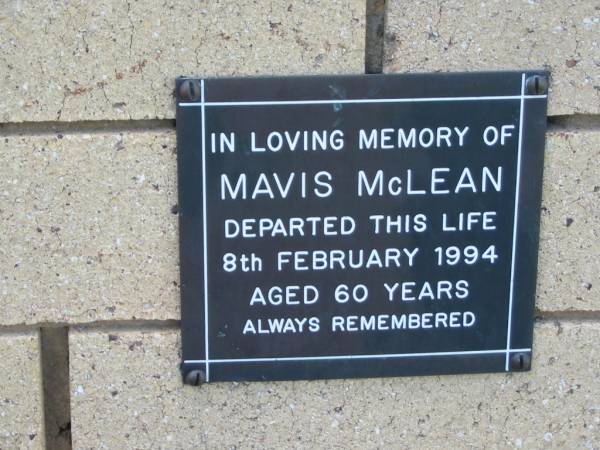 Mavis McLEAN  | 8 Feb 1994  | aged 60  |   | The Gap Uniting Church, Brisbane  | 