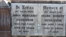 
Annie Margaret HUSKISSON
d: 7 Feb 1937 aged 29

Frank Robert HUSKISSON
d: 7 Apr 1956 aged 21

The Gums Cemetery

