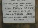 
Jonathan JOB,
born Tavistock Devonshire 30 March 1842,
died Tiaro 6 Nov 1898;
Ada,
daughter,
died 3 Sept 1905;
Percival Malcolm,
second son,
died Ingham North Qld 19 June 1915;
Emily Mary,
wife of Jonathan JOB,
died 23 July 1929 aged 78 years;
Tiaro cemetery, Fraser Coast Region

