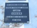 
Hannah GREER,
died 16 Nov 1946;
Mathew Henry GREER,
died 7 May 1957;
Leslie Thomas James (Les) GREER,
11-5-1906 - 8-10-2005;
Tiaro cemetery, Fraser Coast Region

