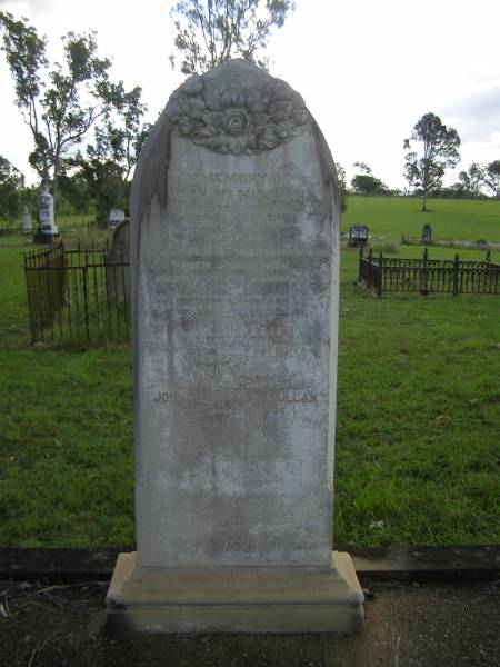 John MCMULLAN,  | died 15 Dec 1891 aged 45 years;  | Caroline,  | daughter,  | died 7 Jan 1891 aged 4 years 6 months;  | Emma Ellen,  | wife,  | died 3 April 1928 aged 79 years;  | John Laughlin  MCMULLAN,  | died 28 April 1953 aged 72 years;  | Tiaro cemetery, Fraser Coast Region  | 