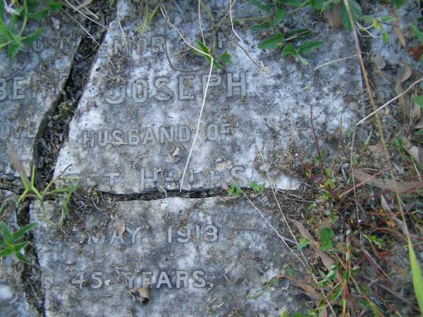 Robert Joseph,  | husband of Margaret HALES,  | died 5 May 1918 aged 45 years;  | Margaret HALES,  | died 4 Nov 1944 aged 82 years;  | Tiaro cemetery, Fraser Coast Region  | 