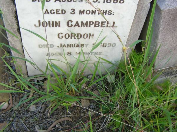 Samuel GORDON,  | husband father,  | accidentally killed 10 Feb 1907 aged 44 years;  | Elizabeth Ellen GORDON,  | child,  | died 5 Aug 1888 aged 3 months;  | John Campbell GORDON,  | child,  | died 9 Jan 1890 aged 8 months;  | Elizabeth GORDON,  | mother,  | died 21 June 1920 aged 61 years;  | Tiaro cemetery, Fraser Coast Region  | 