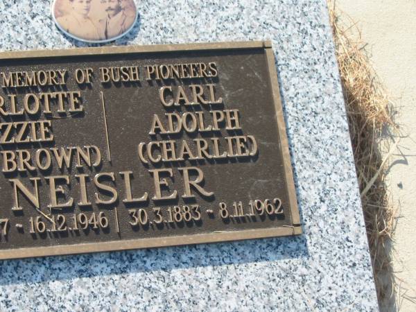 Charlotte Lizzie NEISLER (nee BROWN),  | 21-8-1887 - 16-12-1946;  | Carl Adolph (Charlie) NEISLER,  | 30-3-1883 - 8-11-1962;  | Tiaro cemetery, Fraser Coast Region  | 