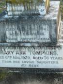 
Francis TOMPKINS
husband of Mary A TOMPKINS
died 25 Feb 1911 aged 58
Mary Ann TOMPKINS
d 6 Aug 1929 aged 76
Toogoolawah Cemetery, Esk shire
