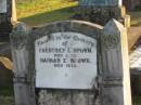 
Arthur John BROWN, husband father,
died 28 Dec 1957;
Gertrude Lindsay BROWN, wife mother,
died 26 April 1967;
Frederick G. BROWN,
died 1933;
Hannah E. BROWN,
died 1933;
their children;
Florence G. died 1926;
Russell W.A. died 1930;
Frederick K. James George killed in action 1916;
Toogoolawah Cemetery, Esk shire
