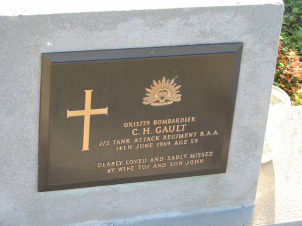 C.H. GAULT,  | died 14 June 1969 aged 59 years;  | wife Tot, son John;  | Toogoolawah Cemetery, Esk shire  | 