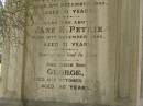 
John PERTIE (senr)
b: 16 Jan 1822
d: 9 Dec 1892
aged 71

Also his wife
Jane K PETRIE
d: 16 Dec 1896
aged 71

and their son
George (PETRIE)
d: 14 Oct 1949
aged 80

Brisbane General Cemetery (Toowong)

