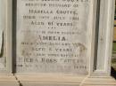 
Andrew PETRIE
d: 21 Jun 1896, aged 71

James Ross COUTTS
d: 19 Jul 1911, aged 61
(husband of Isabella Coutts)

Amelia COUTTS
d: 22 Jan 1900, aged 5
(their fifth daughter)

Hilda Ross COUTTS
d: 13 Sep-1920, aged 31
(their third daughter)

Isabella COUTTS
d: 17 Mar 1932

Brisbane General Cemetery (Toowong)
