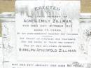 
Agnes Emily ZILLMAN,
died 24 Oct 1935 aged 73 years,
erected by husband & children;
Rudolph Atherfold ZILLMAN, husband,
died 24 Jan 1952 aged 80 years;
R.V. Redvers ZILLMAN, son,
died 2 Sept 1975 aged 74 years;
Edith Lorna ZILLMAN, wife of J.R.F. ZILLMAN,
born 5-10-1903 died 25-11-1995;
J. Rolly ZILLMAIN, 
died 5-12-84 aged 86 years,
husband of Lorna,
father of Allan, Graham, Kenneth & families;
Upper Caboolture Uniting (Methodist) cemetery, Caboolture Shire
