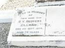 
Agnes Emily ZILLMAN,
died 24 Oct 1935 aged 73 years,
erected by husband & children;
Rudolph Atherfold ZILLMAN, husband,
died 24 Jan 1952 aged 80 years;
R.V. Redvers ZILLMAN, son,
died 2 Sept 1975 aged 74 years;
Edith Lorna ZILLMAN, wife of J.R.F. ZILLMAN,
born 5-10-1903 died 25-11-1995;
J. Rolly ZILLMAIN, 
died 5-12-84 aged 86 years,
husband of Lorna,
father of Allan, Graham, Kenneth & families;
Upper Caboolture Uniting (Methodist) cemetery, Caboolture Shire

