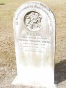 
Ellen, wife of Thomas William EVANS,
born 24 Jan 1857 died 11 Feb 1888;
Upper Caboolture Uniting (Methodist) cemetery, Caboolture Shire
