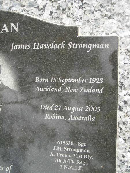 Shirley Dolores STRONGMAN (nee HOLDEN),  | born Auckland New Zealand 20 August 1925,  | died Brisbane Australia 18 March 2003;  | James Havelock STRONGMAN,  | born Auckland New Zealand 15 Sept 1923,  | died Robina Australia 27 Aug 2005;  | parents of Gail, James Michael & Jeffrey William;  | Upper Coomera cemetery, City of Gold Coast  | 