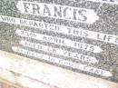 
Reginald Alexander FRANCIS,
brother brother-in-law uncle,
died 23 April 1975 aged 68 years;
Warra cemetery, Wambo Shire
