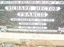 
Richar Hector FRANCIS,
brother brother-in-law uncle,
died 22 April 1987 aged 78 years;
Warra cemetery, Wambo Shire
