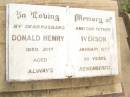 
Donald Henry IVERSON,
husband father,
died 21 Jan 1977 aged 60 years;
Warra cemetery, Wambo Shire
