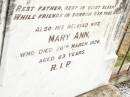 
John F. FRANCIS,
father,
died 26 May 1921 aged 74 years;
Mary Ann,
wife mother,
died 20 March 1936 aged 83 years;
Warra cemetery, Wambo Shire
