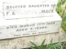 
Margaret Ellen,
daughter of F. & M. MCCORMACK,
died 17 March 1909 aged 4 years;
Warra cemetery, Wambo Shire
