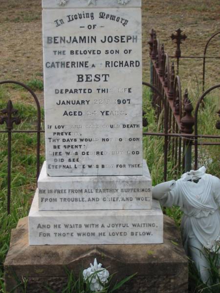 Thomas Edward BEST,  | son of R. & C. BEST,  | husband of Catherine BEST,  | died 15 Nov 1911 aged 26 years;  | Benjamin Joseph,  | son of Catherine & Richard BEST,  | died 22 Jan 1907 aged 24 years;  | Warra cemetery, Wambo Shire  | 
