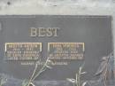 
Mervyn Andrew BEST,
1914 - 1983,
husband of Edna Veronica,
father of Valerie, Neville & Raymond;
Enda Veronica BEST,
1918 - 1956,
wife of Mervyn Andrew,
mother of Valerie, Neville & Raymond;
Warra cemetery, Wambo Shire
