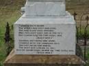 
Thomas Edward BEST,
son of R. & C. BEST,
husband of Catherine BEST,
died 15 Nov 1911 aged 26 years;
Benjamin Joseph,
son of Catherine & Richard BEST,
died 22 Jan 1907 aged 24 years;
Warra cemetery, Wambo Shire
