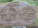 
Richard FRANCIS,
father,
died 26 June 1961 aged 85 years;
Janet FRANCIS,
mother,
died 8 Aug 1944 aged 69 years;
Warra cemetery, Wambo Shire
