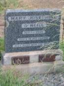 
Mary Josephine ONEILL,
1877 - 1945;
James ONEILL,
died Lilymere 3 Oct 1942 aged 90 years;
Frances Hardy ONEILL,
died Lilymere 26 Sept 1934 aged 79 years;
James Bointon ONEILL,
died 11 May 1905 aged 25 years;
Francis Thomas ONEILL,
1883 - 1951;
Walter Hudson ONEILL,
1896 - 1952;
aunts;
Jessie Ellen Agnes ONEILL,
died 10 Nov 1962 aged 78 years;
Daisy Isobel ONEILL,
died 13 May 1964 aged 73 years;
Evelyn Ellen ONEILL,
mother,
died 26 April 1973 aged 87 years;
Warra cemetery, Wambo Shire


