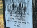 
James VOWDEN
17 Jun 1937, aged 88
Ann VOWDEN
17 Jun 1930 aged 72
Wonglepong cemetery, Beaudesert
