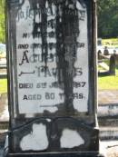 
Agustus PAULUS, wife mother,
died 5 June 1937 aged 60 years;
Mary PAULUS, daughter sister,
died 6 May 1930 aged 30 years;
John PAULUS, father,
died 18 Aug 1951 aged 91 years;
Woodford Cemetery, Caboolture
