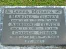 
Martha TILNEY,
died 17-8-59 aged 71 years;
Ambrose TILNEY,
died 1-3-81 aged 95 years;
George GIBBS,
died 17-3-64 aged 71 years;
Woodford Cemetery, Caboolture
